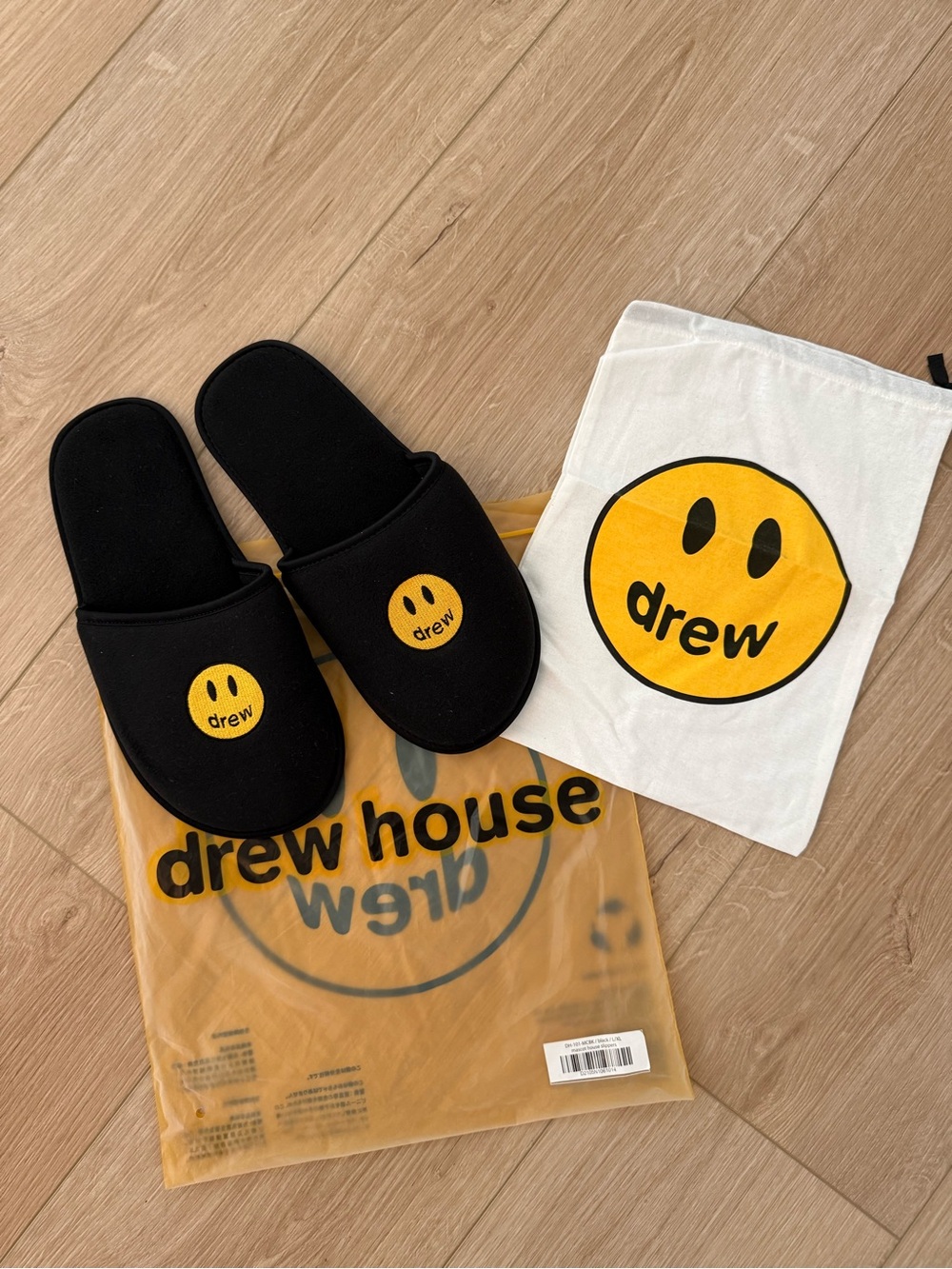 Drew House Mascot Justin Bieber Black Slippers with Yellow Smiley Logo -L/XL